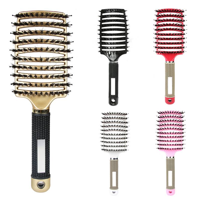 Private Label Curly Wig Brush Curved Plastic Rubber Tangle Vent Detangling Wet Paddle Boar Bristle Hair Brush